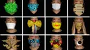 Foto kombinasi memperlihatkan Edmond Kok, seorang desainer kostum teater dan aktor Hong Kong, mengenakan berbagai masker berdesain unik yang dibuatnya untuk melindungi diri dari virus corona di Hong Kong pada 6 Agustus 2020. (AP Photo/Vincent Yu)