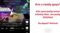 Infinity Tickets Coldplay Jakarta Dibuka Mulai Hari Ini, Warganet Kesal Calo dan Jastip Ikut Ambil Bagian (doc: Twitter.com)