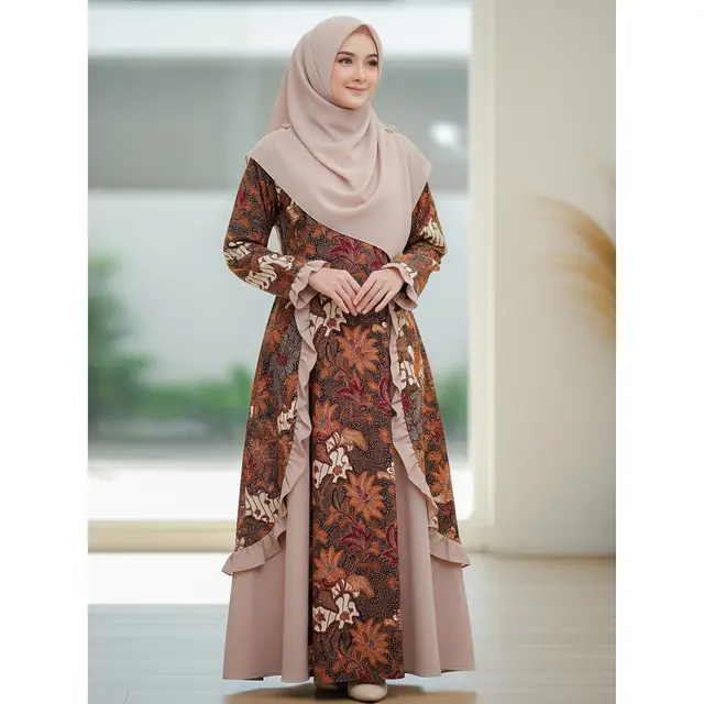 Gamis Batik Kombinasi Polos dengan Aksen Ruffle