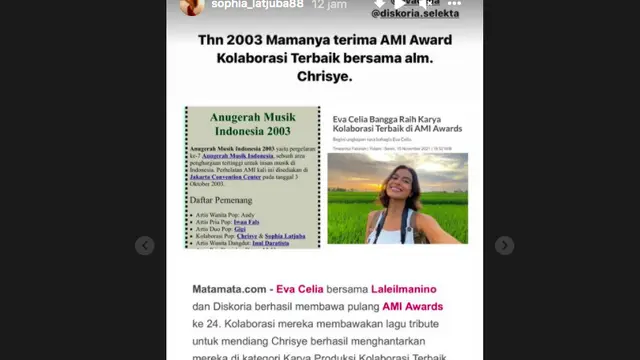Sophia Latjuba Ungkap Hal Unik di Balik Penghargaan AMI Awards 2021 yang Diraih Eva Celia