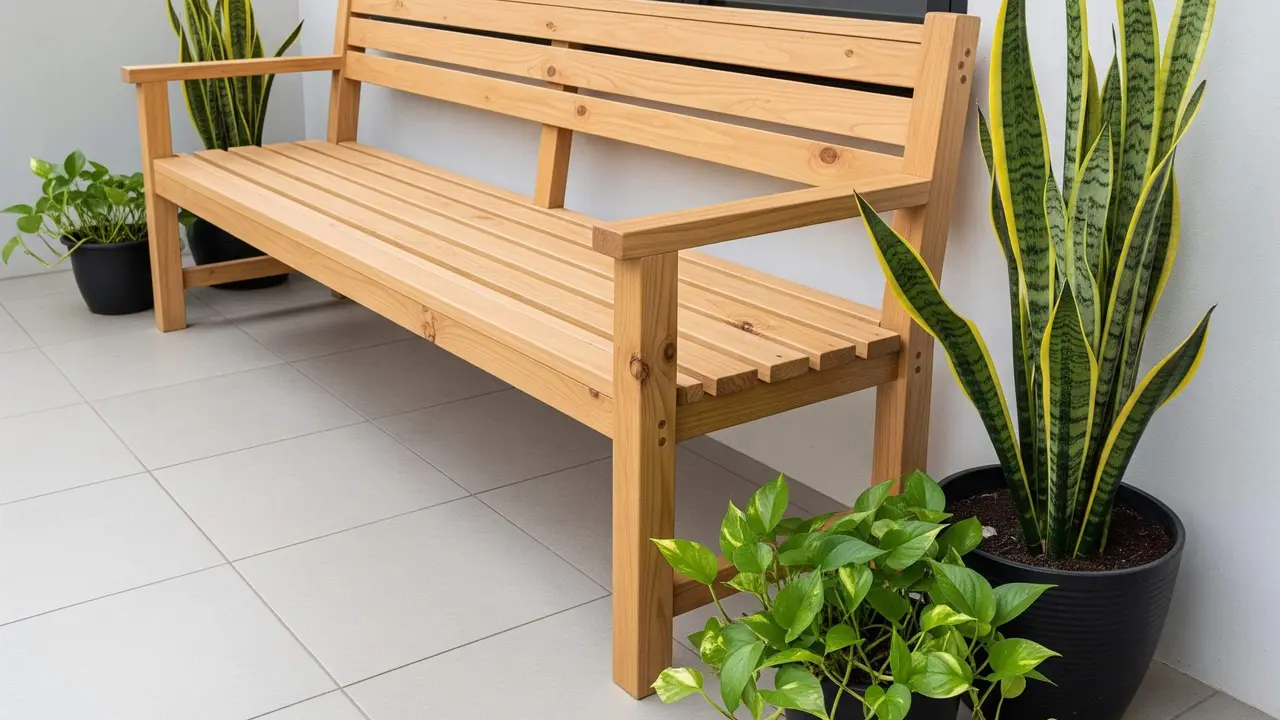 Teras Rumah Minimalis dengan Kursi Kayu Panjang