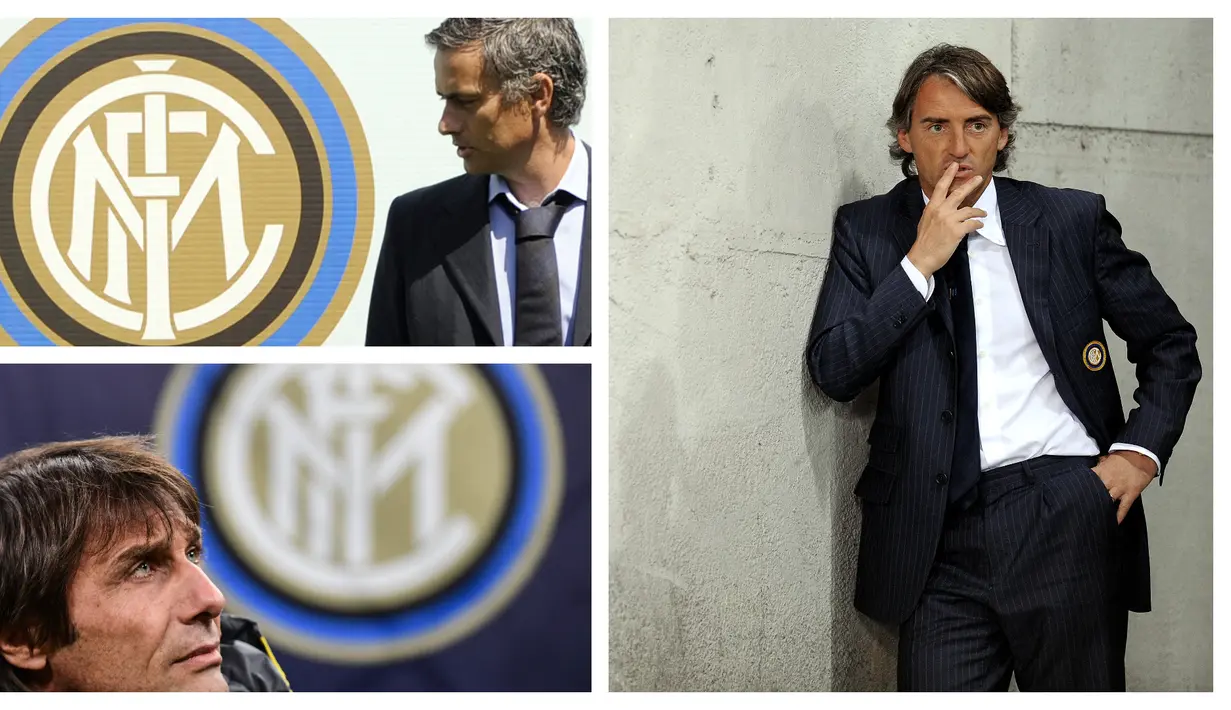 Foto kolase dari Jose Mourinho, Roberto Mancini, dan Antonio Conte yang pernah menangani Inter Milan hingga meraih gelar Scudetto. (Foto: AFP)