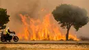 Seorang polisi milter dari atas motornya mengamati kebakaran hutan di dekat Mazagon di Spanyol selatan, Minggu (25/6). Sekitar 1.500 orang telah dievakuasi dari rumah, tempat perkemahan dan hotel menyusul kebakaran hutan tersebut. (AP Photo/Alberto Diaz)