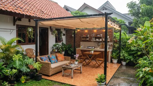 Desain area belakang rumah kecil agar multifungsi model ruang serbaguna dengan kanopi