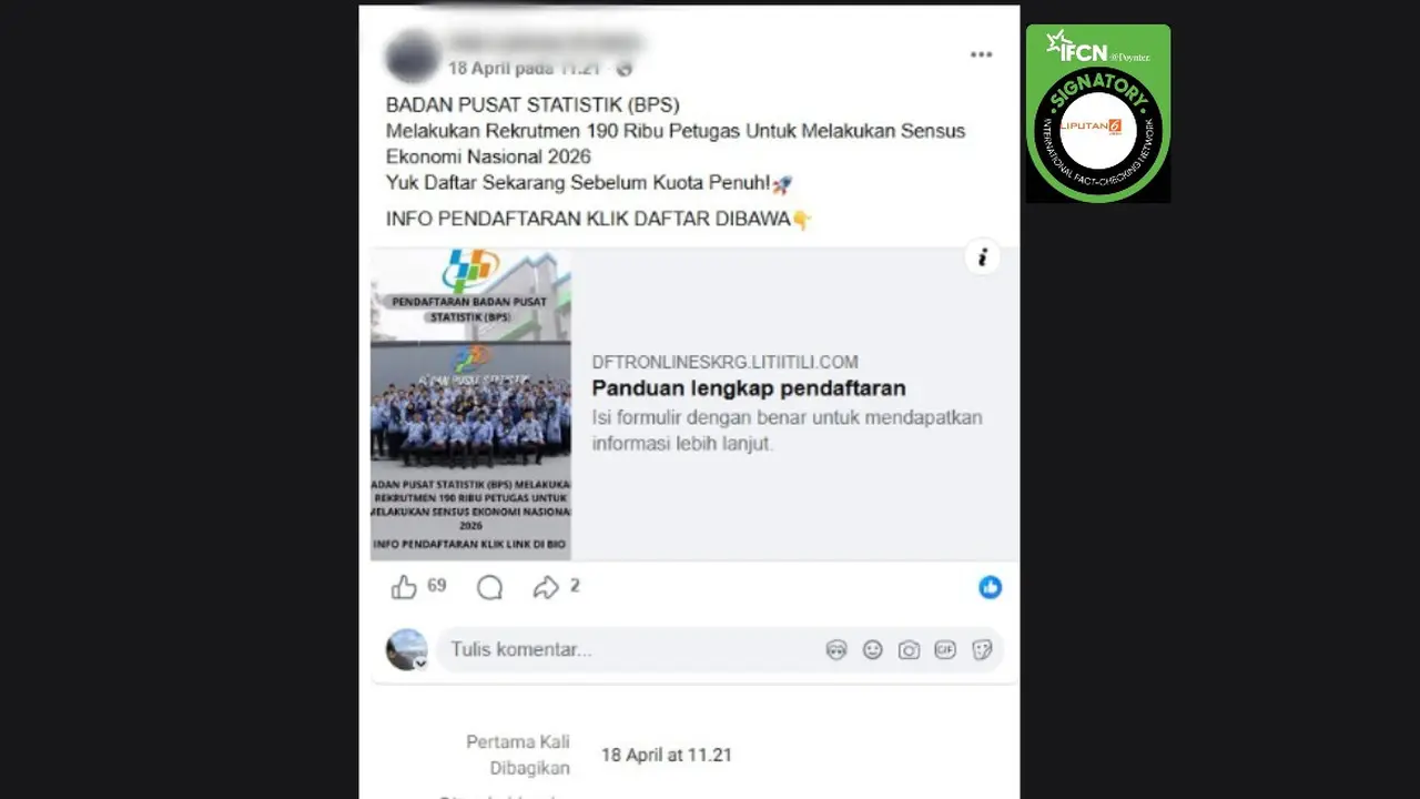 Cek Fakta Liputan6.com mendapati klaim link pendaftaran rekrutmen 190 ribu petugas sensus ekonomi nasional 2026 yang digelar BPS