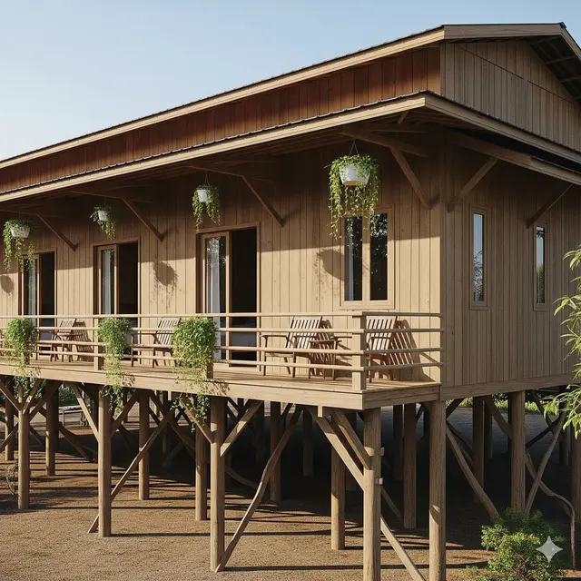 Rumah Panggung Kayu Minimalis dengan 5 Kamar