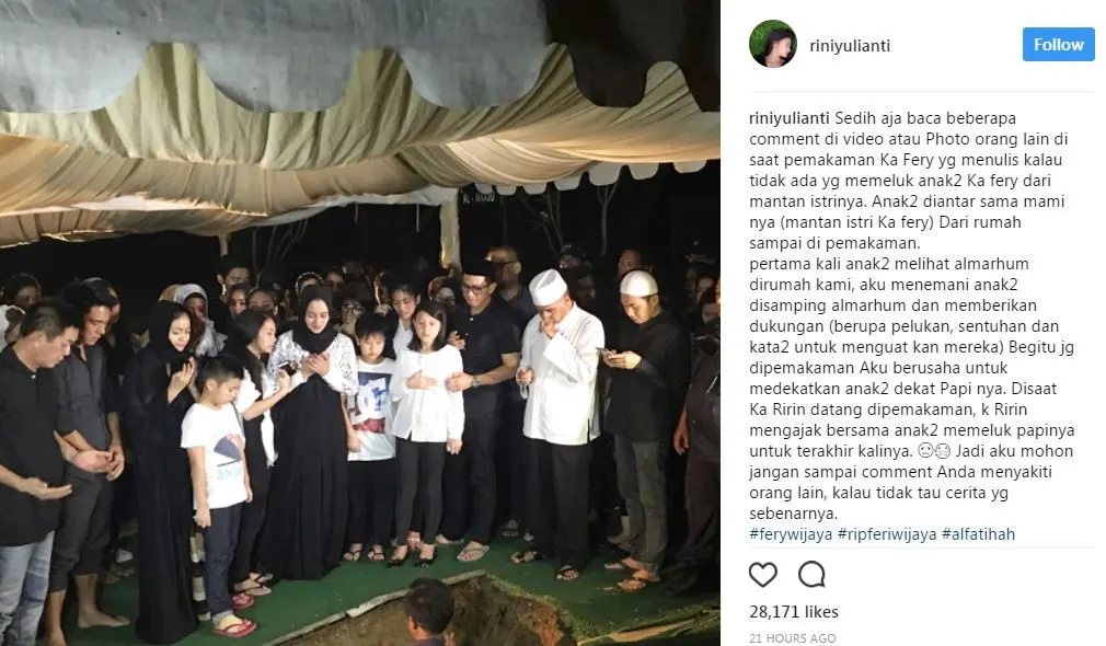 Rini Yulianti mengunggah foto pemakaman kakak iparnya, Ferry Wijaya (Instagram/@riniyulianti)