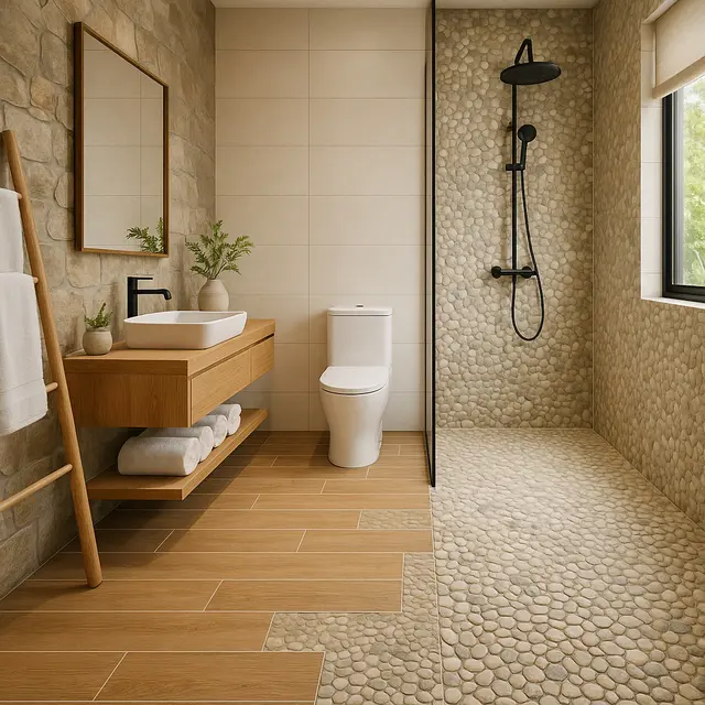 Model Kamar Mandi dengan Lantai Batu Kerikil (Image by ChatGPT)