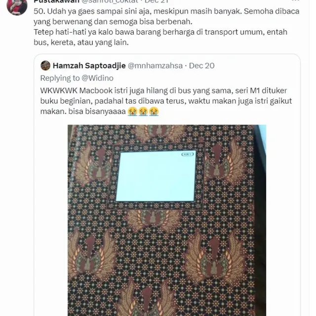 Warganet Ungkap di Twitter Sudah Ada 50 Kasus Pencurian Barang di Bus Rosalia Indah