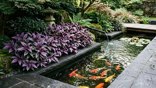 Inspirasi Kolam Minimalis dengan Tanaman Pinggir Berwarna Ungu