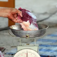 Petugas menimbang daging kurban di Lapangan Masjid Al Azhar, Jakarta, Jumat (1/9). Masjid Al Azhar Jakarta memotong dan mendistribusikan ratusan hewan kurban pada Hari Raya Idul Adha 1438 H. (Liputan6.com/Helmi Fithriansyah) 