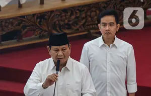 Pasangan calon presiden dan wakil presiden nomor urut 2 Prabowo Subianto-Gibran Rakabuming Raka terpilih pada Pemilu 2024 dengan perolehan suara sebanyak 96.214.691 suara atau 58,59 persen dari total suara sah nasional dan memenuhi sedikitnya 20 persen suara di setiap provinsi yang tersebar di 38 provinsi di Indonesia. (Liputan6.com/Angga Yuniar)