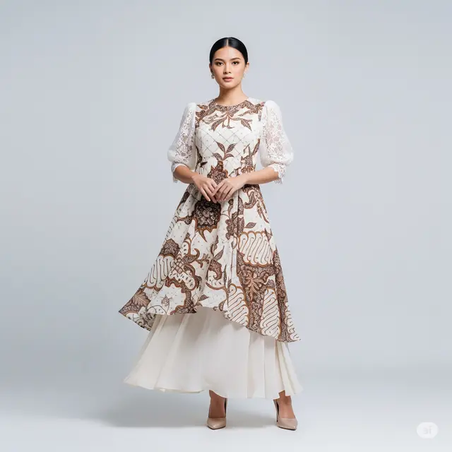 Model Batik Long Dress Kombinasi Brokat Lengan Puff.
