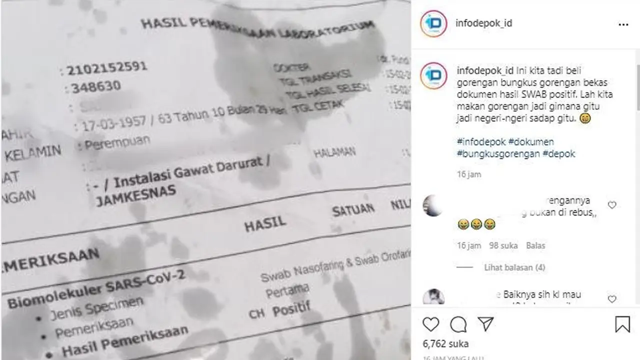 Postingan bungkus gorengan dari kertas hasil tes swab Covid-19.