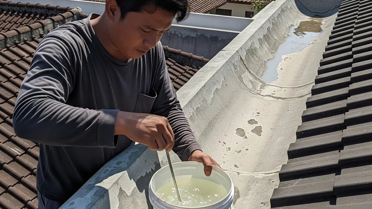 Mengaduk waterproofing bening (Gemini AI)