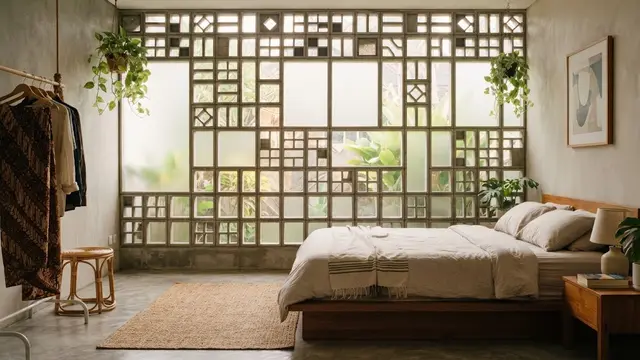 Roster minimalis untuk ventilasi kamar yang tetap terang dan terjaga privasinya model kombinasi dengan kaca buram untuk kamar tidur