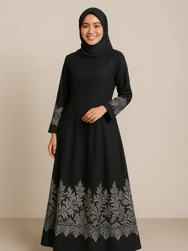 Model Gamis Batik Kombinasi Hitam Polos dan Silver/Ilustrasi AI