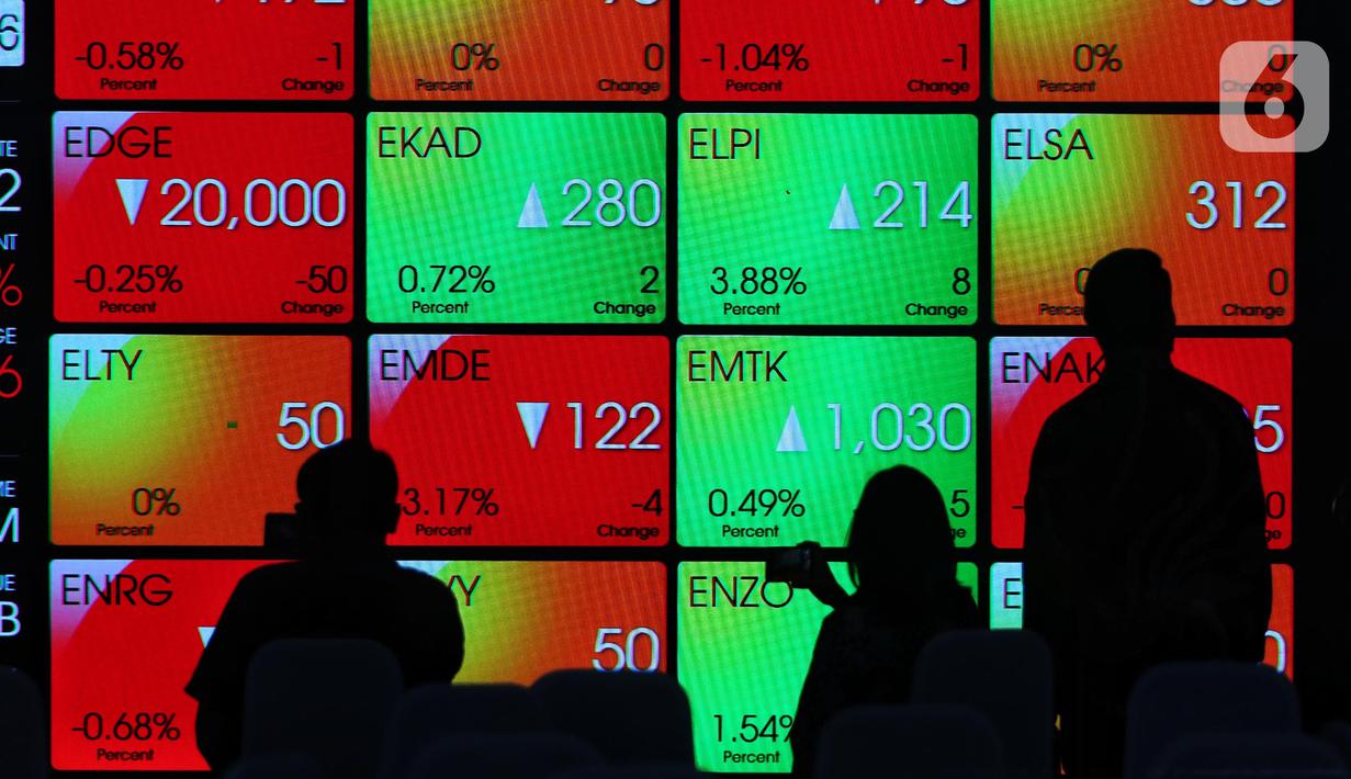 Karyawan melintasi layar yang menampilkan Indeks Harga Saham Gabungan (IHSG) saat acara Penutupan Perdagangan Bursa Efek Indonesia Tahun 2022 di Jakarta, Jumat (30/12/2022). PT Bursa Efek Indonesia (BEI) mencatat ada 59 perusahaan yang melakukan Initial Public Offering (IPO) atau pencatatan saham sepanjang 2022. Pada penutupan perdagangan akhir tahun, Indeks Harga Saham Gabungan (IHSG) ditutup lesu 0,14% atau 9,46 poin menjadi 6.850,62. (Liputan6.com/Angga Yuniar)