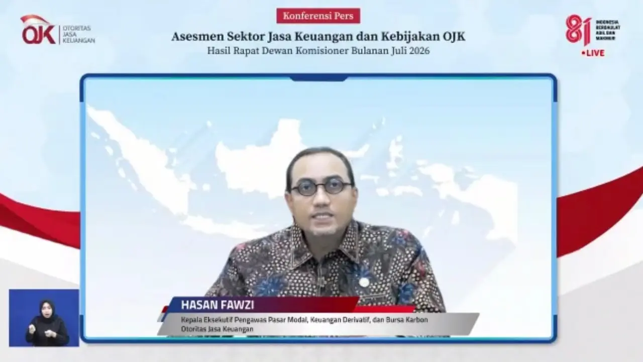 Kepala Eksekutif Pengawas Pasar Modal, Keuangan Derivatif, dan Bursa Karbon OJK Hasan Fawzi saat konferensi pers hasil RDK OJK secara daring, Selasa (4/8/2026). (Foto: Liputan6.com/Immanuel Christian)