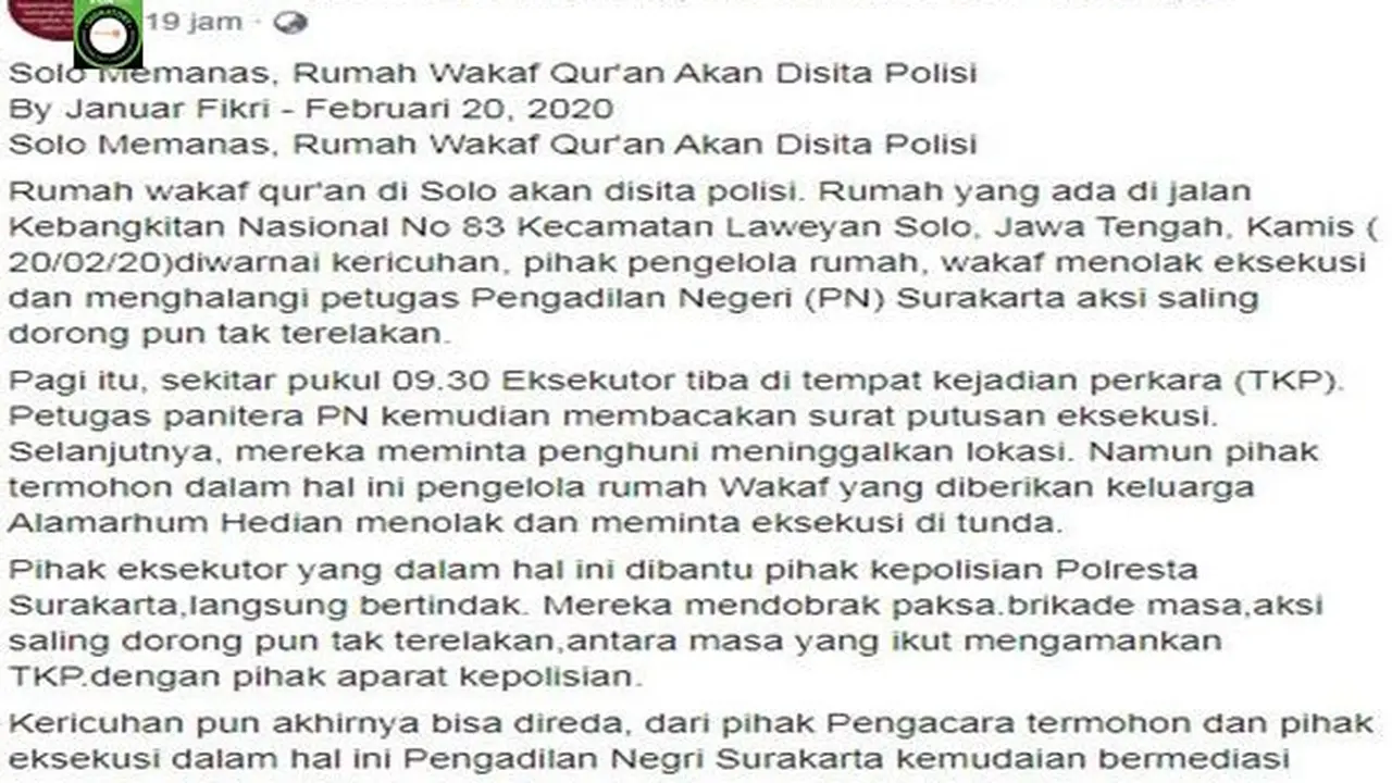 cek fakta viral kabar eksekusi rumah wakaf alquran di solo