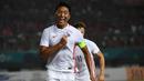 Pemain Hong Kong, Hok Ming Lau, melakukan selebrasi usai membobol gawang Indonesia pada laga Asian Games di Stadion Patriot, Jawa Barat, Senin, (20/8/2018). Indonesia menang 3 - 1 atas Hongkong. (Kapanlagi.com/Agus Apriyanto)