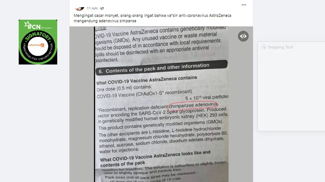 Tangkapan layar klaim cacar monyet disebabkan vaksin AstraZeneca karena mengandung adenovirus simpanse