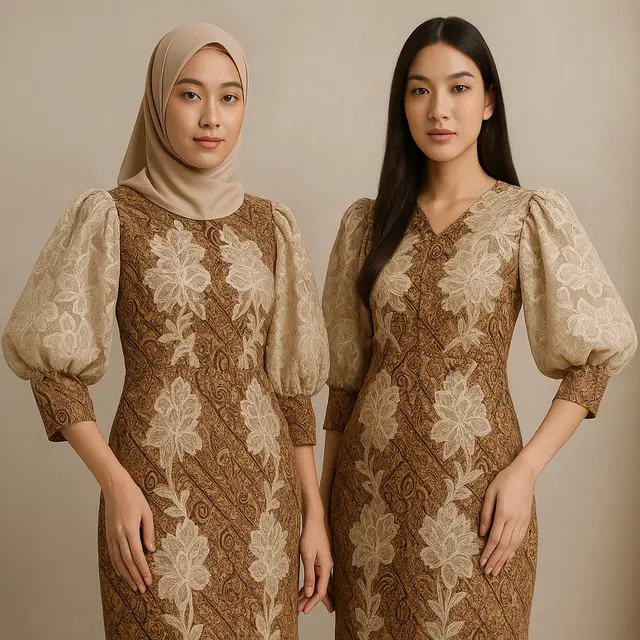 Model Dress Batik Brokat Kimono Lengan Puff 2025/Ilustrasi oleh AI
