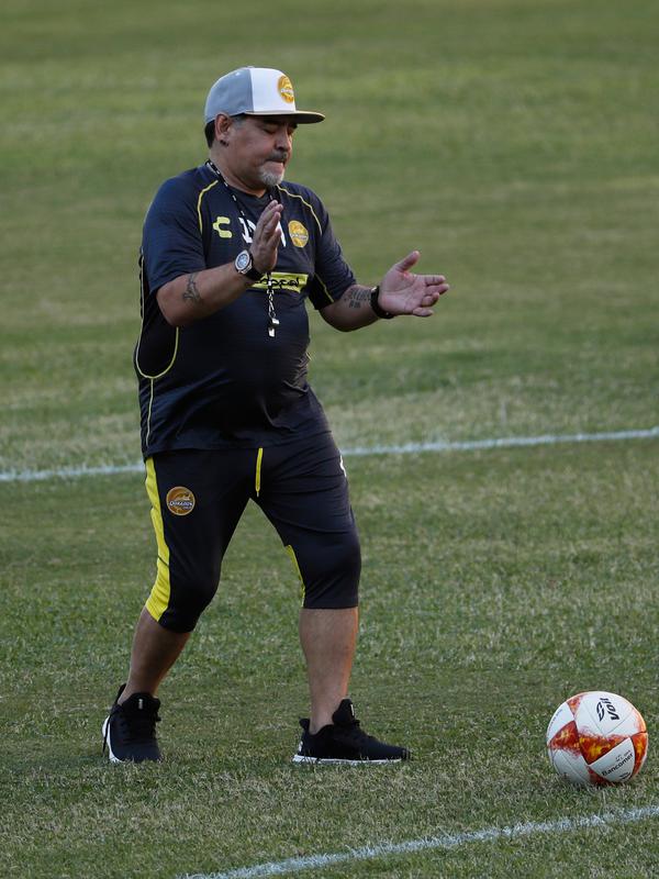 Legenda Argentina, Diego Maradona saat melatih klub Dorados de Sinalo di Stadion Banorte, Meksiko,(10/9). Maradona sendiri pernah menangani beberapa klub dan sempat melatih timnas Argentina. (AP Photo/Marco Ugarte)