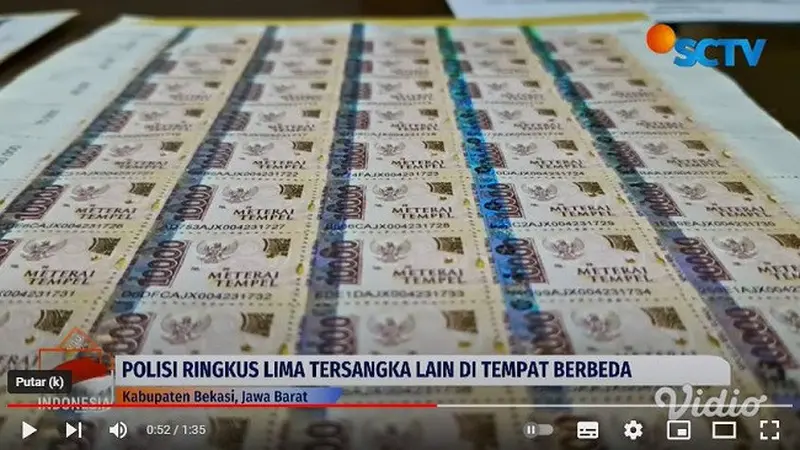 Enam orang sindikat pembuatan meterai palsu ditangkap jajaran Polsek Menteng, Jakarta Pusat. Mereka ternyata memiliki pabrik pembuatan materai palsu di kawasan Kabupaten Bekasi, Jawa Barat. (YouTube Liputan6)