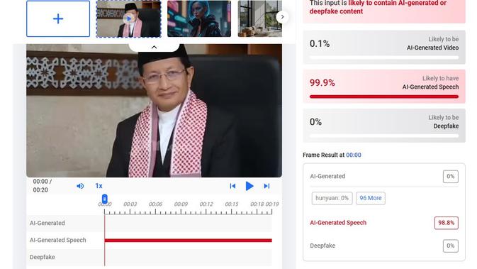Video dan audio klaim Menag Nasaruddin Umar mengumumkan program berbagi rezeki menunjukkan hasil AI. (Foto: tangkapan layar Hive Moderation)
