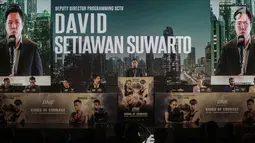 Deputi Direktur Program SCTV David Setiawan Suwarto hadir dalam konferensi pers ONE: Kings of Courage di Jakarta, Kamis (18/1). Pertandingan yang bertemakan 'King Of Courage' akan diselenggarakan 20 Januari 2018. (Liputan6.com/Faizal Fanani)