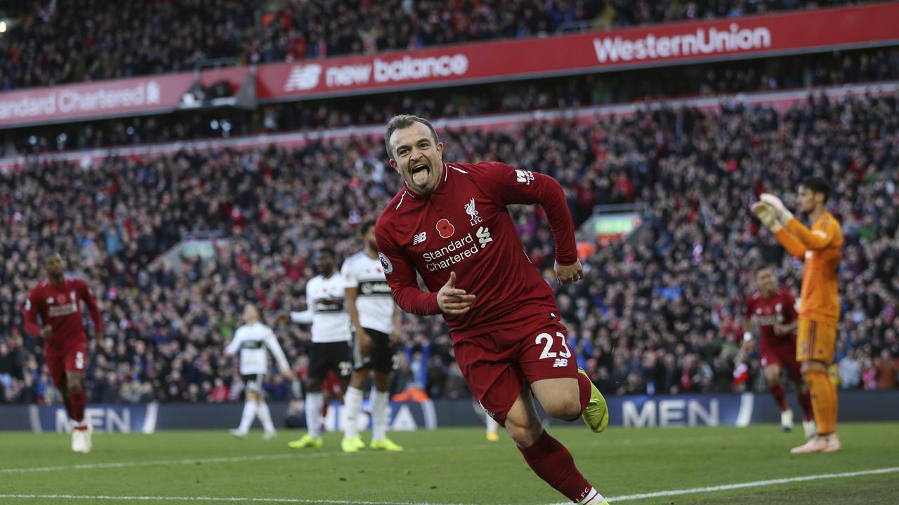 Selebrasi Xherdan Shaqiri saat Liverpool kalahkan Fulham di Liga Inggris