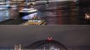 Kombinasi foto ini menunjukkan Sydney Harbour Bridge (bawah) dengan lampunya dimatikan selama kampanye lingkungan Earth Hour dan setelah dinyalakan kembali, di Sydney, Australia pada 25 Maret 2023. (Wendell Teodoro / AFP)