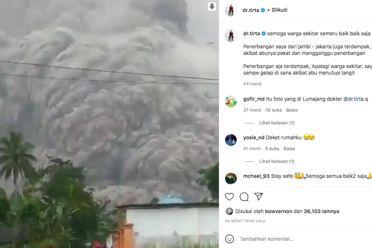 Dampak Gunung Semeru Meletus, Penerbangan Dokter Tirta ke Jakarta Tertunda. (instagram.com/