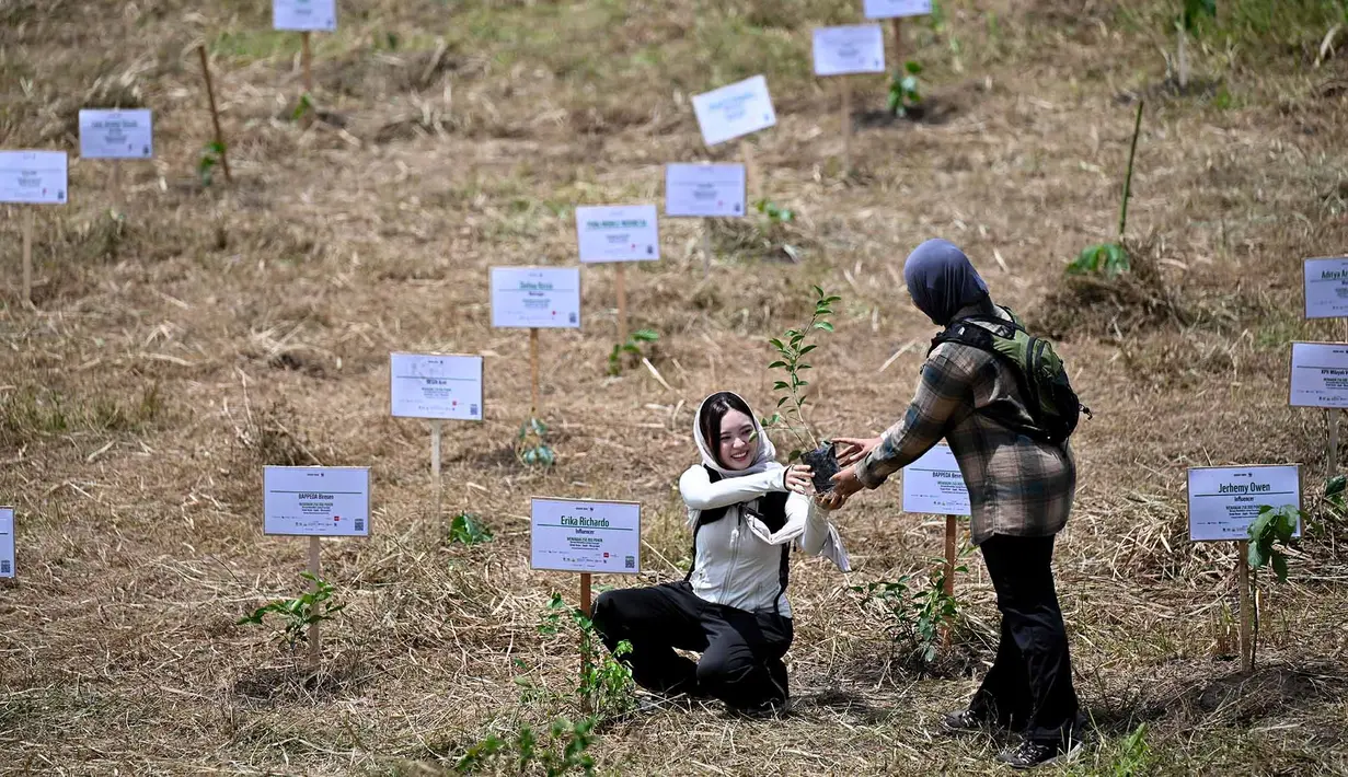 Relawan peduli lingkungan menanam pohon di Daerah Aliran Sungai (DAS) Peusangan, Negeri Antara, Bener Meriah, Aceh, Sabtu (18/7/2026). (AFP/ Chaideer Mahyuddin)