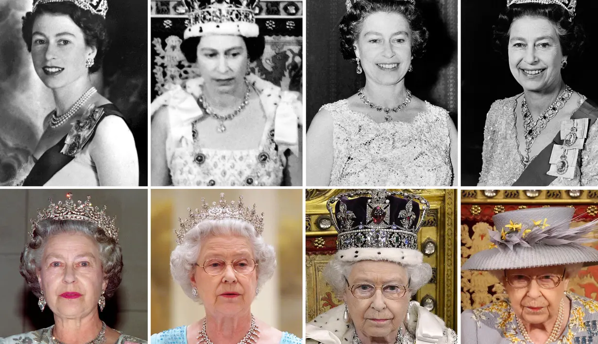 Foto Kombinasi yang dibuat di London pada 17 Agustus 2018 menunjukkan potret Ratu Inggris Elizabeth II dalam setiap dekade masa pemerintahannya. Ratu Elizabeth II, raja terlama dalam sejarah Inggris dan ikon yang langsung dikenali oleh miliaran orang di seluruh dunia, telah meninggal pada usia 96, Istana Buckingham mengatakan pada 8 September 2022. (Foto oleh AFP)