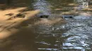 Sejumlah makam terendam banjir di kampung Arus Cawang, Jakarta Timur, Jumat (26/4). Ketinggan banjir kurang lebih satu meter terjadi akibat luapan kali Ciliwung dan intensitas curah hujan di kawasan Bogor Jawa Barat sangat tinggi sehingga aktivitas warga terhambat. (merdeka.com/Imam Buhori)