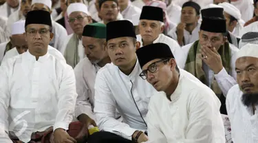 Pasangan Cagub DKI Jakarta No 3 Anies - Sandiaga, Cagub Agus Yudhoyono mantan Menko Perekonomian Hatta Rajasa saat mendengarkan ceramah bersama Peserta aksi 112 di Masjid Istiqlal, Jakarta, Sabtu (11/2). (Liputan6.com/Herman Zakharia)