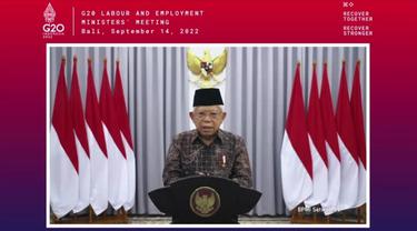 Wakil Presiden (Wapres) K.H. Ma’ruf Amin dalam acara Pertemuan G20 Labour and Employment Ministers’ Meeting yang diselenggarakan di Bali secara virtual, Rabu (14/9/2022).