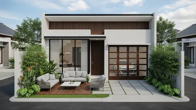Contoh Desain Rumah 6x9 dengan Garasi Motor dan Taman Depan