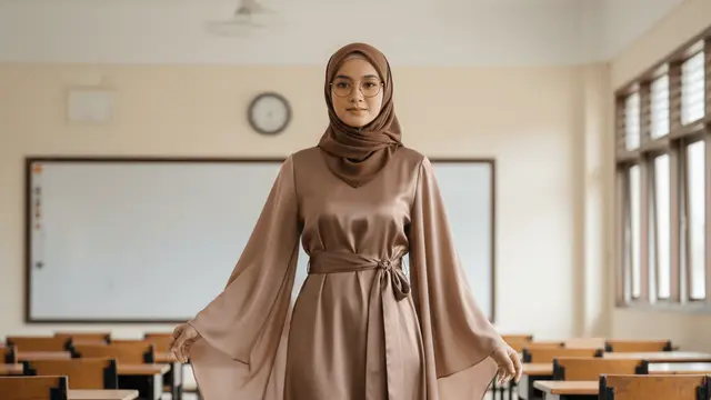 Gamis Satin Elegan untuk Ibu ke Pembagian Rapor Sekolah. Gemini