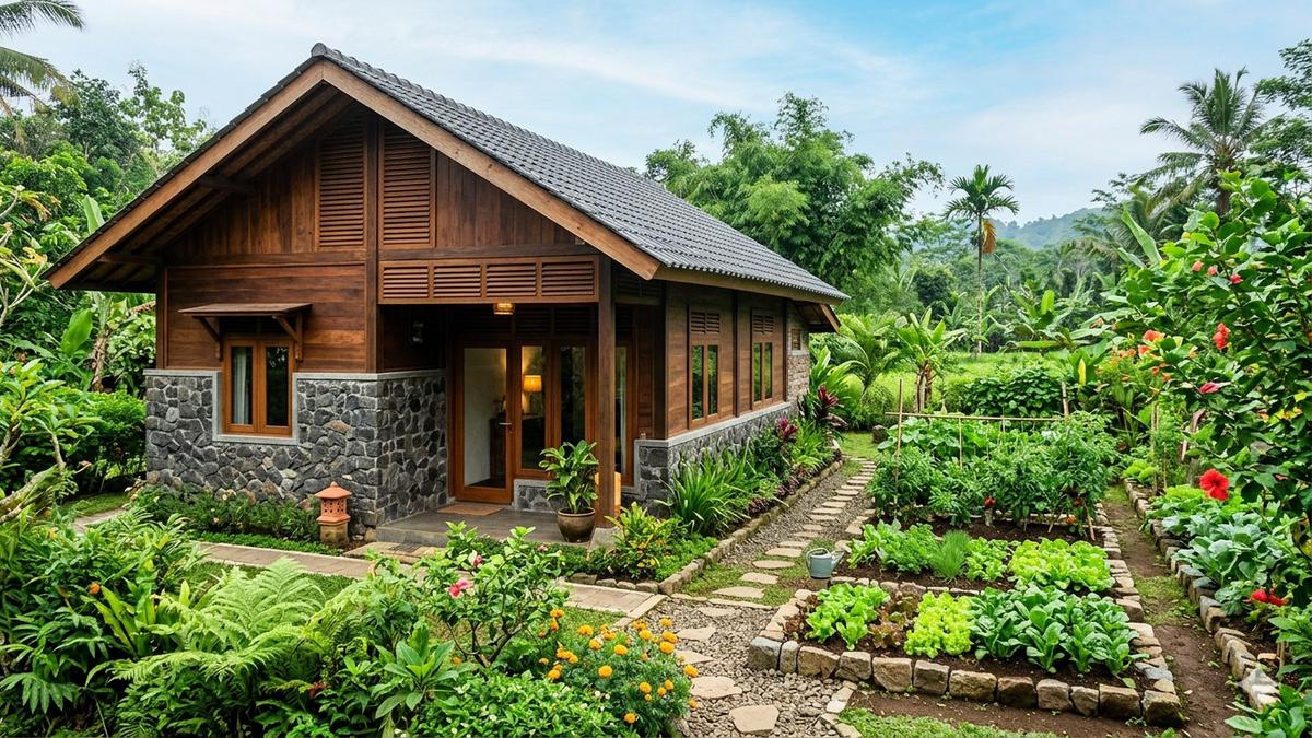 7 Desain Rumah Desa Adem dengan Taman Samping dan Dinding Batu Alam, Harmoni Alam di Hunian Impian