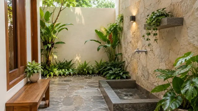 Desain Tempat Wudhu di Samping Rumah dengan Lantai Batu Bertekstur