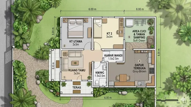 Contoh Rumah Kampung Kekinian 6x6 2 Kamar dengan Dapur Terbuka. Gemini