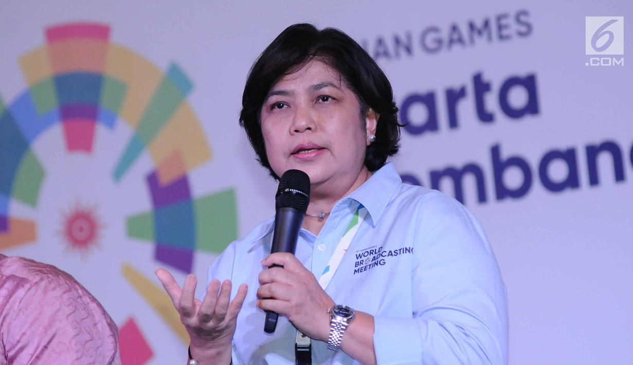 Departement Broadcasting Inasgoc, Linda Wahyuni memberi keterangan saat konferensi pers Official Broadcaster Asian Games 2018 di Jakarta, Kamis (8/2). Asian Games 2018 berlangsung 18 Agustus-2 September. (Liputan6.com/Helmi Fithriansyah)