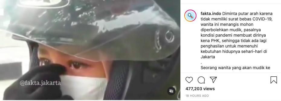 Pemudik menangis saat diputar balik polisi (Instagram/fakta.indo)