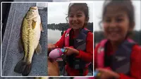Seorang gadis kecil tidak menyangka berhasil memancing ikan sungguhan hanya dengan menggunakan batang pancing mainannya. Lumayan.