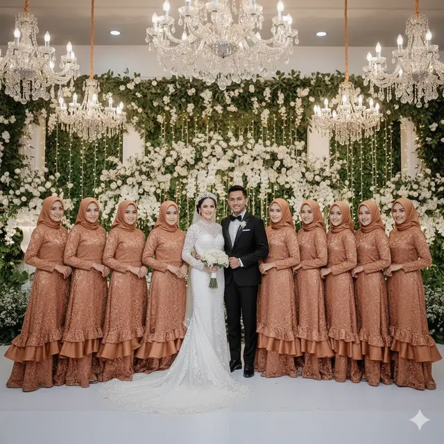 Model Gamis Brokat Warna Coklat tapi Tetap Glowing untuk Bridesmaid Berhijab