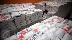 Petugas mengecek stok beras di Gudang Bulog DIY di Kalasan,Sleman, (27/1). Saat ini Bulog DIY memiliki stok beras rastra sekitar 19.000 ton. (Boy Harjanto)