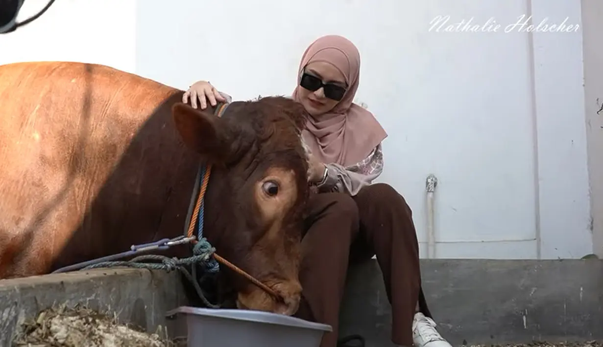 <p>Nathalie tampak santai duduk dan sapi kurbannya ada di belakanganya. Sapi Nathalie yang bernama John tersebut diserahkan ke masjid di kawasan Ciputat, Tangerang Selatan. [Youtube/Nathalie Holscher]</p>